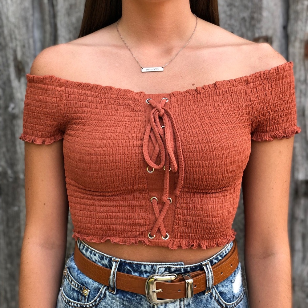 Maroon Off Shoulder Lace Up Front Crop Top